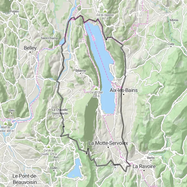 Mapa miniatúra "Cyklistická trasa cez Rhône-Alpes" cyklistická inšpirácia v Rhône-Alpes, France. Vygenerované cyklistickým plánovačom trás Tarmacs.app