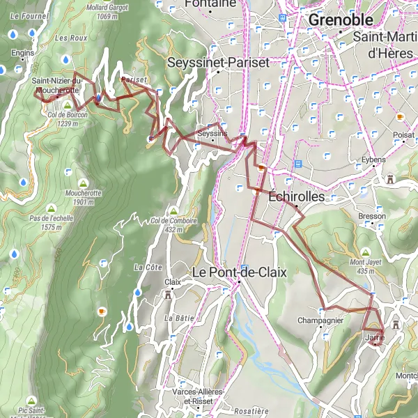 Map miniature of "Jarrie to Échirolles Gravel Adventure" cycling inspiration in Rhône-Alpes, France. Generated by Tarmacs.app cycling route planner