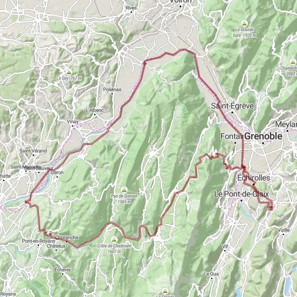 Map miniature of "Vercors Gravel Expedition" cycling inspiration in Rhône-Alpes, France. Generated by Tarmacs.app cycling route planner