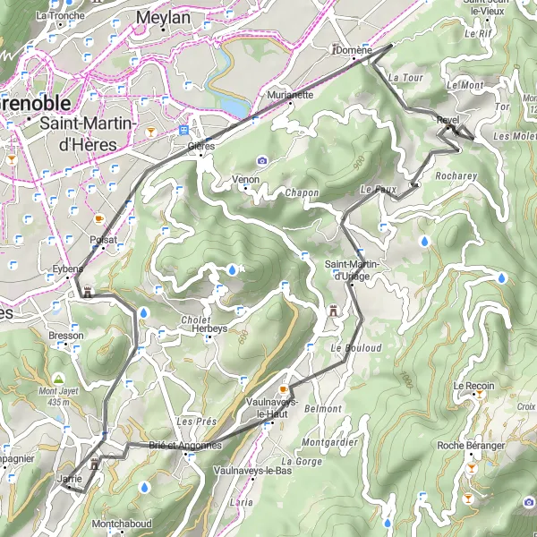 Map miniature of "Gières Loop" cycling inspiration in Rhône-Alpes, France. Generated by Tarmacs.app cycling route planner