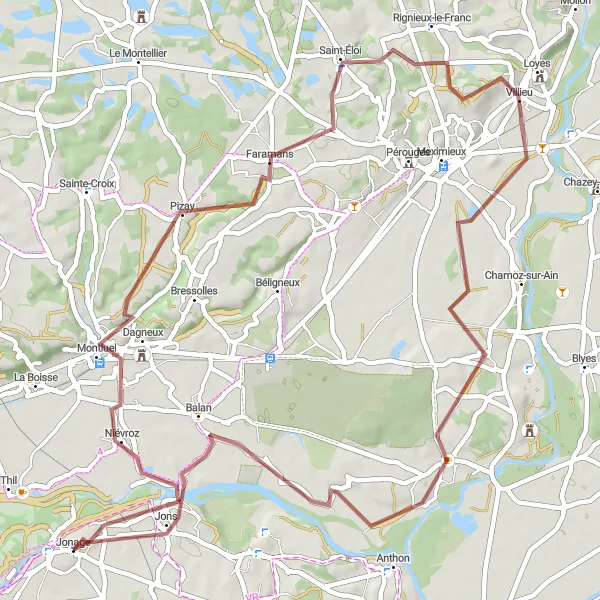 Map miniature of "Montluel to Jons Scenic Gravel Ride" cycling inspiration in Rhône-Alpes, France. Generated by Tarmacs.app cycling route planner