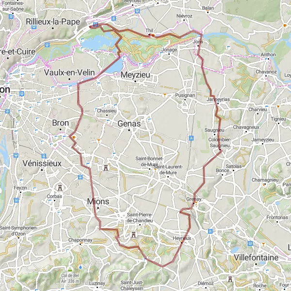 Kartminiatyr av "Spännande Grusvägscykling" cykelinspiration i Rhône-Alpes, France. Genererad av Tarmacs.app cykelruttplanerare