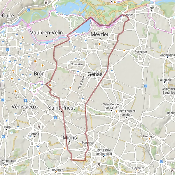 Kartminiatyr av "Grusvägstur runt Jonage" cykelinspiration i Rhône-Alpes, France. Genererad av Tarmacs.app cykelruttplanerare