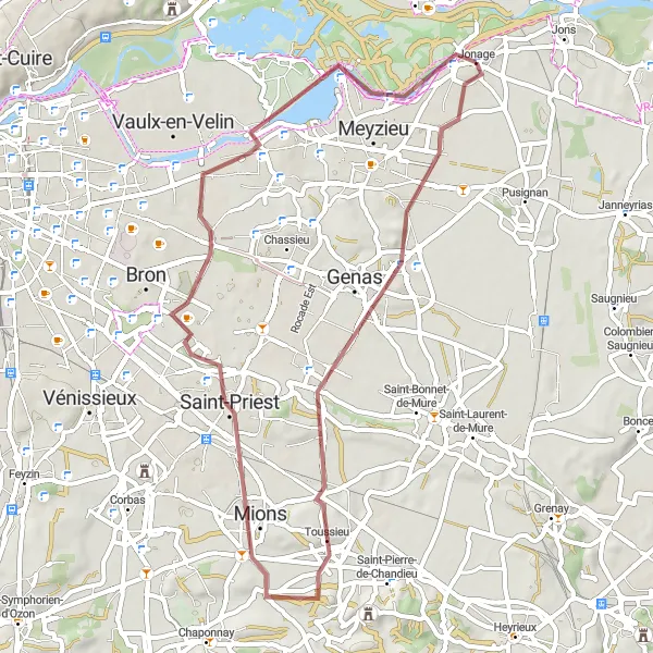 Map miniature of "Décines-Charpieu and Genas Gravel Loop" cycling inspiration in Rhône-Alpes, France. Generated by Tarmacs.app cycling route planner