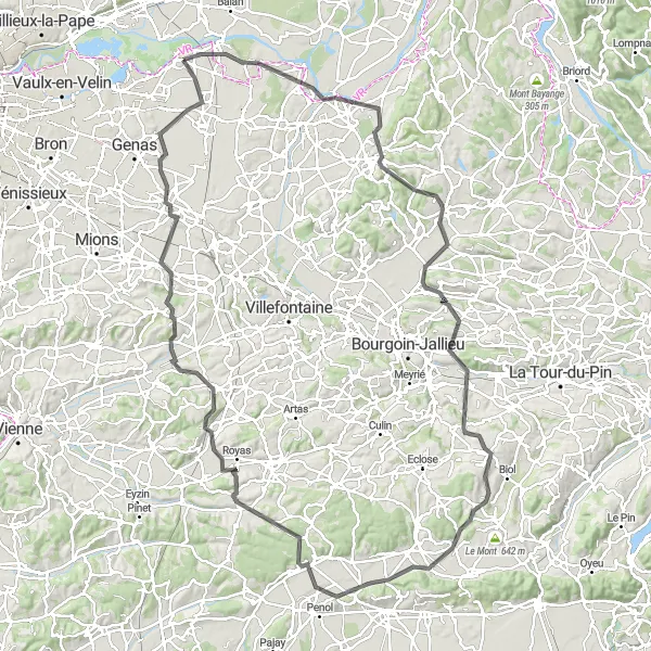 Map miniature of "Loyettes to Pusignan Road Loop" cycling inspiration in Rhône-Alpes, France. Generated by Tarmacs.app cycling route planner