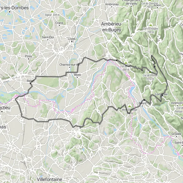 Map miniature of "Jonage to Jons Circuit" cycling inspiration in Rhône-Alpes, France. Generated by Tarmacs.app cycling route planner