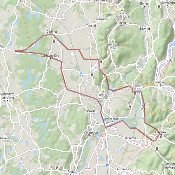 Mapa miniatúra "Z Jujurieux cez Mont Olivet do Saint-Martin-du-Mont" cyklistická inšpirácia v Rhône-Alpes, France. Vygenerované cyklistickým plánovačom trás Tarmacs.app
