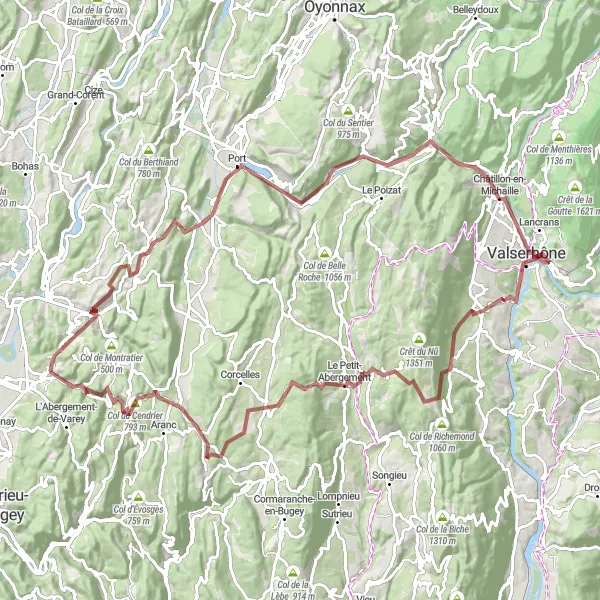 Miniatua del mapa de inspiración ciclista "Desafío de Grava a Villes" en Rhône-Alpes, France. Generado por Tarmacs.app planificador de rutas ciclistas