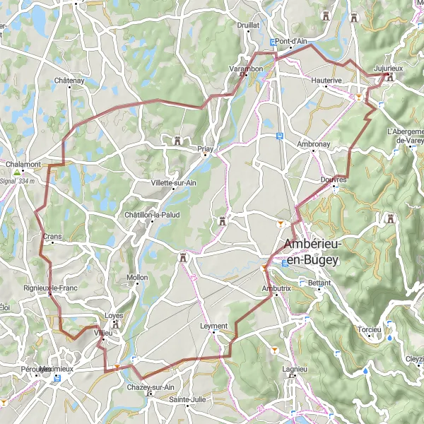 Mapa miniatúra "Okolo Jujurieux smerom na Saint-Denis-en-Bugey" cyklistická inšpirácia v Rhône-Alpes, France. Vygenerované cyklistickým plánovačom trás Tarmacs.app