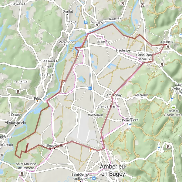 Miniature de la carte de l'inspiration cycliste "Escapade vers Pont-d'Ain" dans la Rhône-Alpes, France. Générée par le planificateur d'itinéraire cycliste Tarmacs.app