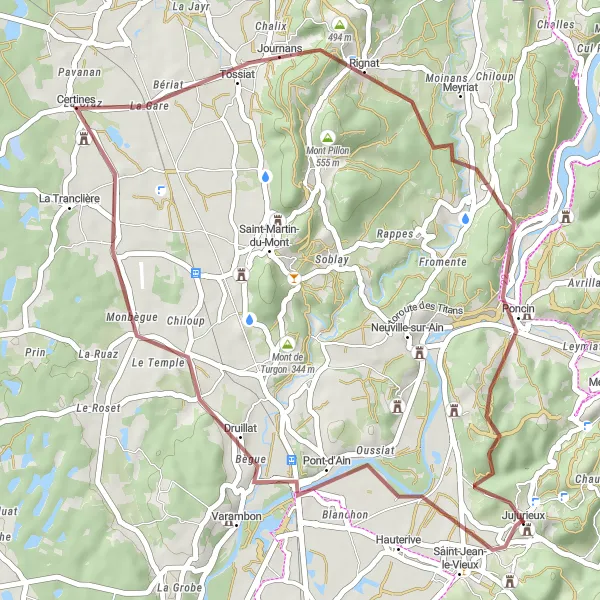 Miniature de la carte de l'inspiration cycliste "Exploration des Monts du Jura" dans la Rhône-Alpes, France. Générée par le planificateur d'itinéraire cycliste Tarmacs.app