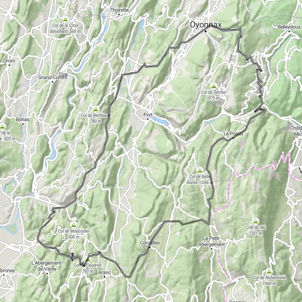 Miniaturní mapa "Road Bike Adventure s výhledem na Col du Cendrier" inspirace pro cyklisty v oblasti Rhône-Alpes, France. Vytvořeno pomocí plánovače tras Tarmacs.app