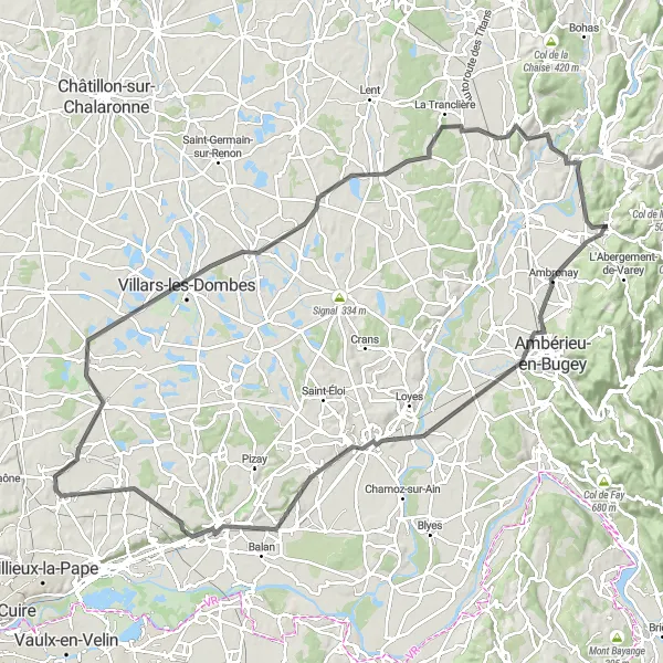 Map miniature of "Road Cycling Adventure through Rhône-Alpes: From Jujurieux to Château de la Tour-des-Échelles" cycling inspiration in Rhône-Alpes, France. Generated by Tarmacs.app cycling route planner