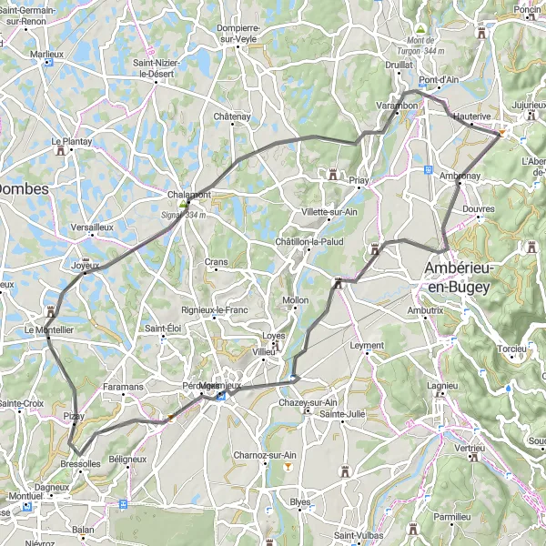 Miniatua del mapa de inspiración ciclista "Ruta de Carretera de Meximieux" en Rhône-Alpes, France. Generado por Tarmacs.app planificador de rutas ciclistas