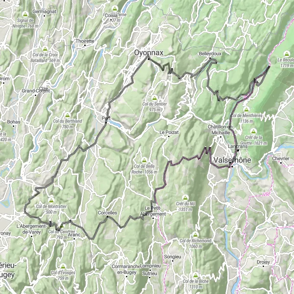 Miniaturní mapa "Z Jujurieux kolem Rhôny" inspirace pro cyklisty v oblasti Rhône-Alpes, France. Vytvořeno pomocí plánovače tras Tarmacs.app