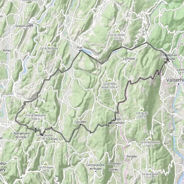 Miniaturní mapa "Road Bike Trasa kolem Jujurieux" inspirace pro cyklisty v oblasti Rhône-Alpes, France. Vytvořeno pomocí plánovače tras Tarmacs.app