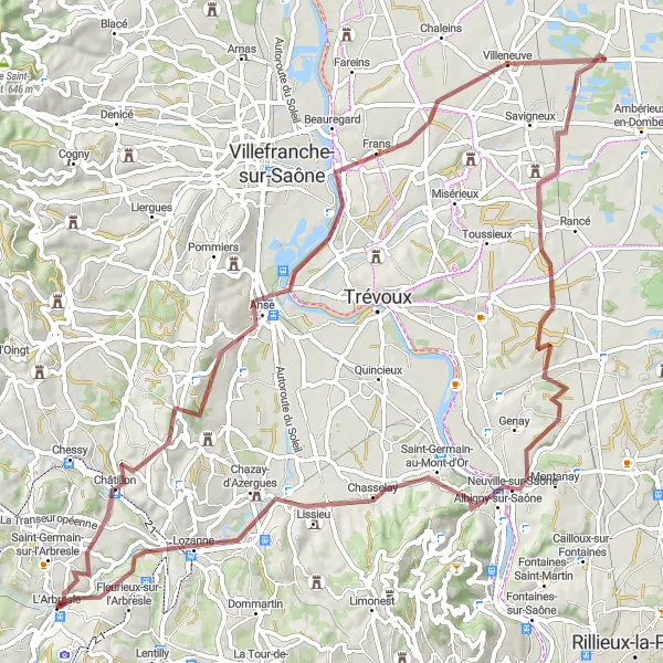 Miniatua del mapa de inspiración ciclista "Ruta de Grava por Charnay y Lozanne" en Rhône-Alpes, France. Generado por Tarmacs.app planificador de rutas ciclistas