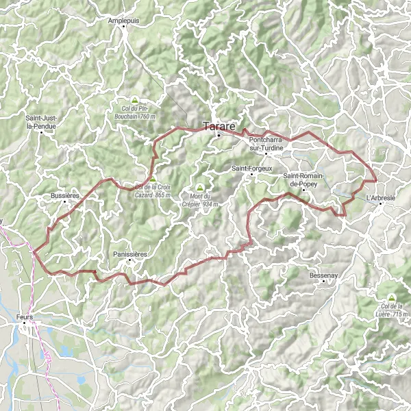 Zemljevid v pomanjšavi "Kolesarska pot Gravel blizu L'Arbresle" kolesarske inspiracije v Rhône-Alpes, France. Generirano z načrtovalcem kolesarskih poti Tarmacs.app