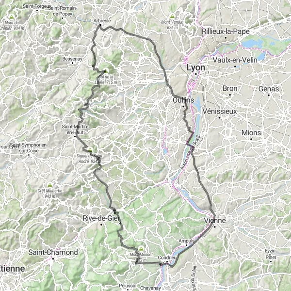 Miniatua del mapa de inspiración ciclista "Ruta de ciclismo de carretera desde L'Arbresle" en Rhône-Alpes, France. Generado por Tarmacs.app planificador de rutas ciclistas