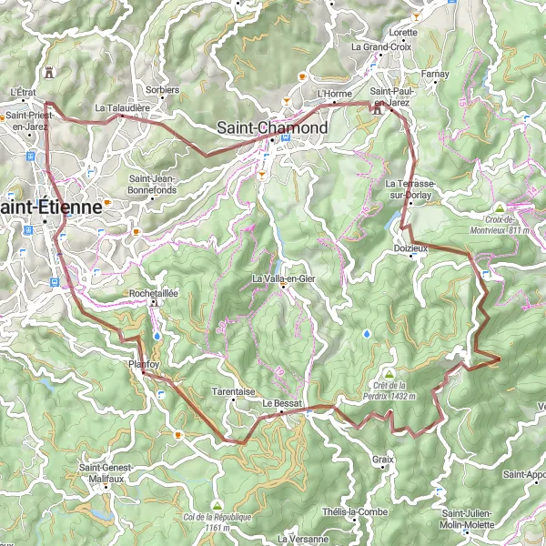 Karttaminiaatyyri "Gravel-reitti Saint-Chamondista" pyöräilyinspiraatiosta alueella Rhône-Alpes, France. Luotu Tarmacs.app pyöräilyreittisuunnittelijalla