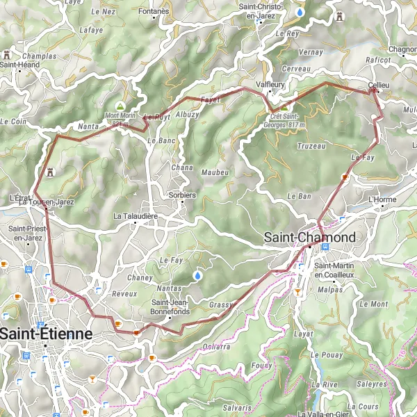 Miniature de la carte de l'inspiration cycliste "Boucle gravel à la découverte des Monts du Pilat" dans la Rhône-Alpes, France. Générée par le planificateur d'itinéraire cycliste Tarmacs.app