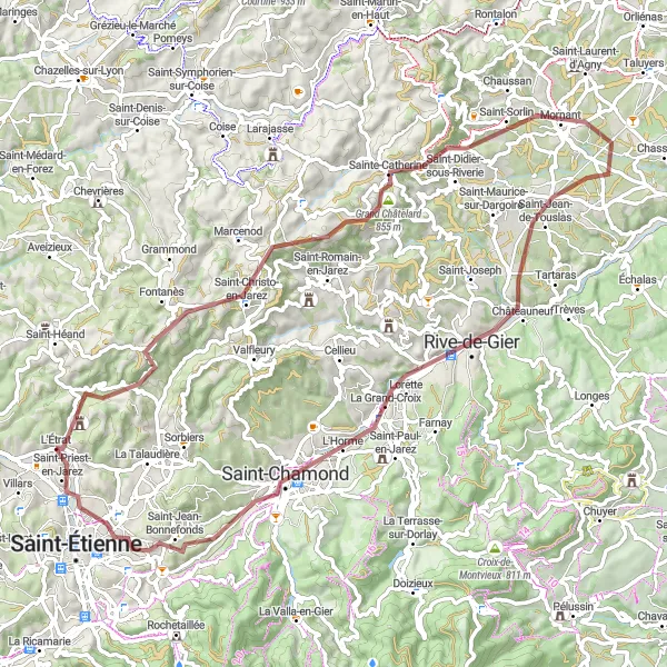 Miniature de la carte de l'inspiration cycliste "Boucle des crêts de la Loire" dans la Rhône-Alpes, France. Générée par le planificateur d'itinéraire cycliste Tarmacs.app