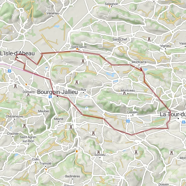 Miniatua del mapa de inspiración ciclista "Ruta de Grava hacia Bourgoin-Jallieu" en Rhône-Alpes, France. Generado por Tarmacs.app planificador de rutas ciclistas