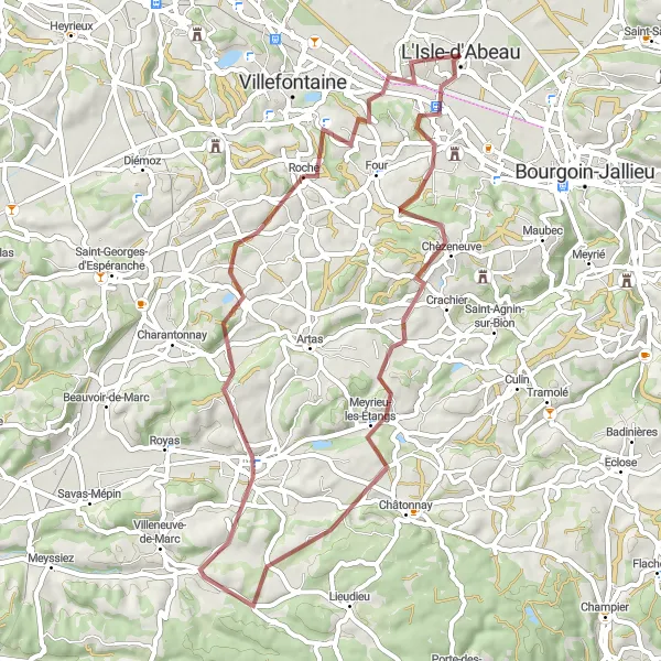 Miniatua del mapa de inspiración ciclista "Ruta de ciclismo de grava L'Isle-d'Abeau - L'Isle-d'Abeau" en Rhône-Alpes, France. Generado por Tarmacs.app planificador de rutas ciclistas