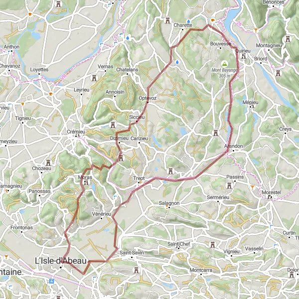 Miniatua del mapa de inspiración ciclista "Aventura en Grava hacia Trept" en Rhône-Alpes, France. Generado por Tarmacs.app planificador de rutas ciclistas