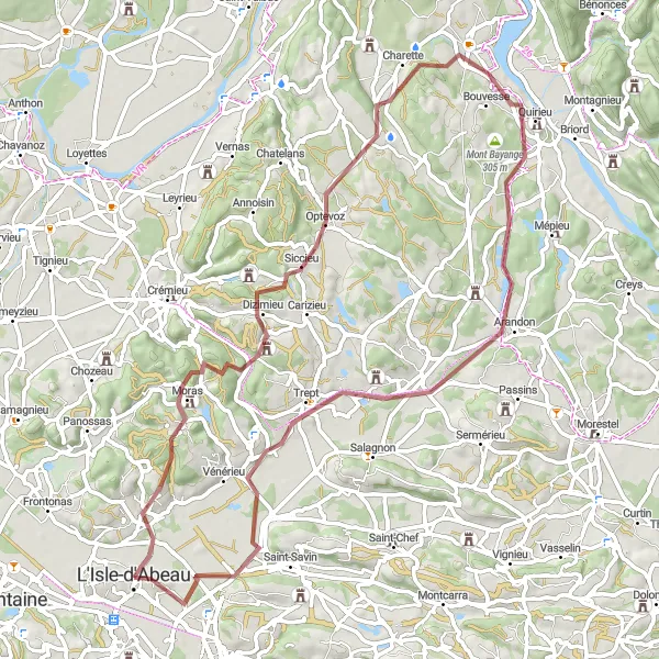 Miniature de la carte de l'inspiration cycliste "Itinéraire pittoresque de L'Isle-d'Abeau à Chapelle St Anne" dans la Rhône-Alpes, France. Générée par le planificateur d'itinéraire cycliste Tarmacs.app