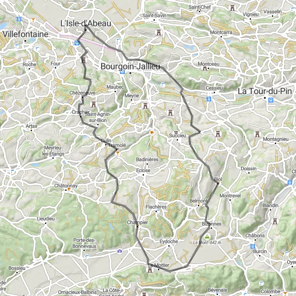 Miniatua del mapa de inspiración ciclista "Ruta de ciclismo de carretera L'Isle-d'Abeau - L'Isle-d'Abeau" en Rhône-Alpes, France. Generado por Tarmacs.app planificador de rutas ciclistas