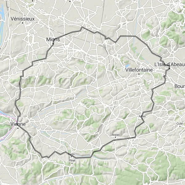 Karttaminiaatyyri "Maantieajelu Fourista Frontonasiin" pyöräilyinspiraatiosta alueella Rhône-Alpes, France. Luotu Tarmacs.app pyöräilyreittisuunnittelijalla