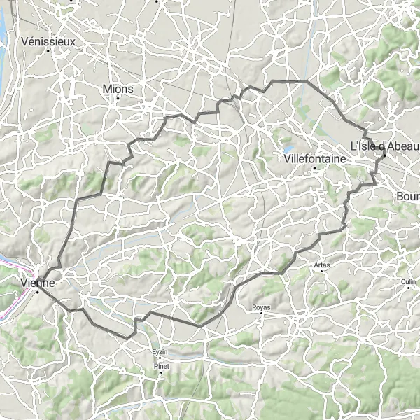 Miniatua del mapa de inspiración ciclista "Ruta de ciclismo de carretera de 88 km cerca de L'Isle-d'Abeau" en Rhône-Alpes, France. Generado por Tarmacs.app planificador de rutas ciclistas