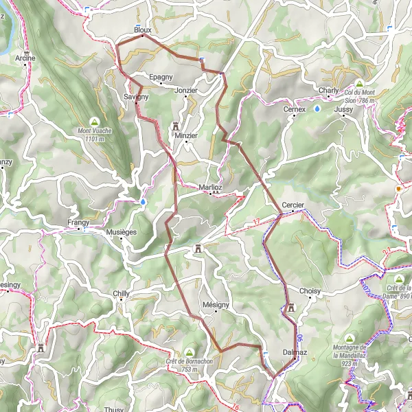Miniatua del mapa de inspiración ciclista "Ruta de Grava a Dingy-en-Vuache" en Rhône-Alpes, France. Generado por Tarmacs.app planificador de rutas ciclistas