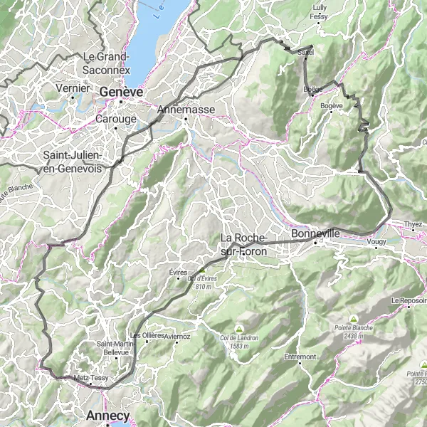 Mapa miniatúra "Výlet cez Cernex, Machilly a Col de Saxel" cyklistická inšpirácia v Rhône-Alpes, France. Vygenerované cyklistickým plánovačom trás Tarmacs.app
