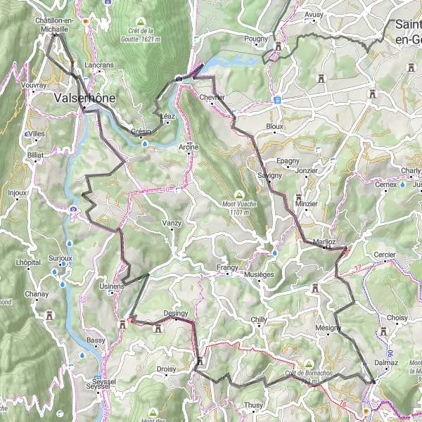 Zemljevid v pomanjšavi "Menthonnex-sous-Clermont - Mésigny Scenic Route" kolesarske inspiracije v Rhône-Alpes, France. Generirano z načrtovalcem kolesarskih poti Tarmacs.app