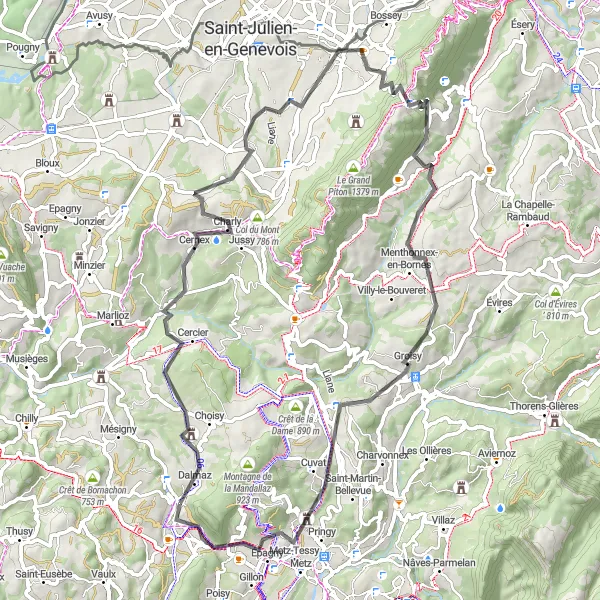 Zemljevid v pomanjšavi "Vožnja okoli Cerciera" kolesarske inspiracije v Rhône-Alpes, France. Generirano z načrtovalcem kolesarskih poti Tarmacs.app