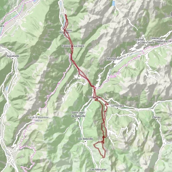 Miniaturní mapa "Gravel Rundfahrt von La Bâthie" inspirace pro cyklisty v oblasti Rhône-Alpes, France. Vytvořeno pomocí plánovače tras Tarmacs.app