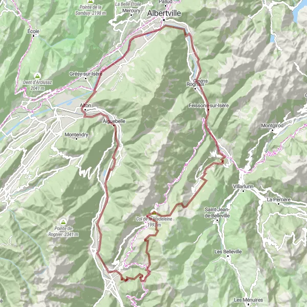 Miniatura della mappa di ispirazione al ciclismo "Avventura in Gravel tra i passi alpini" nella regione di Rhône-Alpes, France. Generata da Tarmacs.app, pianificatore di rotte ciclistiche