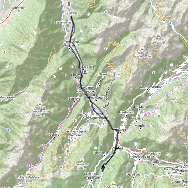 Zemljevid v pomanjšavi "Moûtiers - Salins-les-Thermes Loop" kolesarske inspiracije v Rhône-Alpes, France. Generirano z načrtovalcem kolesarskih poti Tarmacs.app
