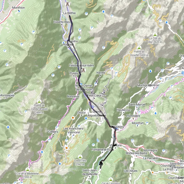 Miniatuurkaart van de fietsinspiratie "Fietsen rond La Bâthie via Cevins, Moûtiers, Salins-les-Thermes en Saint-Paul-sur-Isère" in Rhône-Alpes, France. Gemaakt door de Tarmacs.app fietsrouteplanner