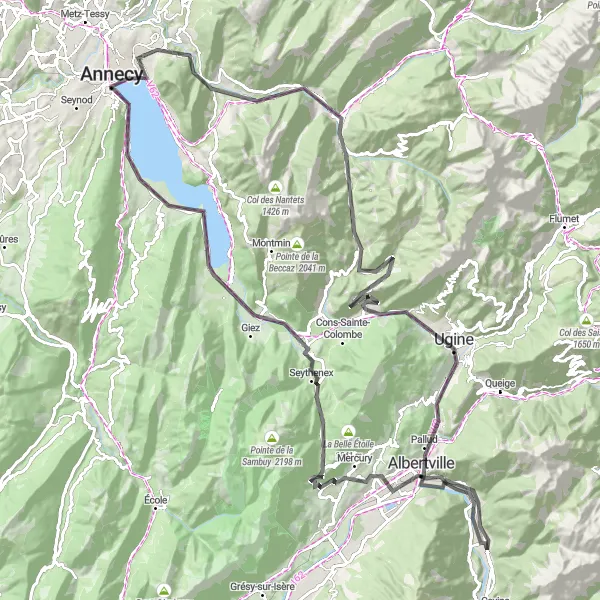 Miniatura della mappa di ispirazione al ciclismo "Esplorazione tra laghi e montagne" nella regione di Rhône-Alpes, France. Generata da Tarmacs.app, pianificatore di rotte ciclistiche