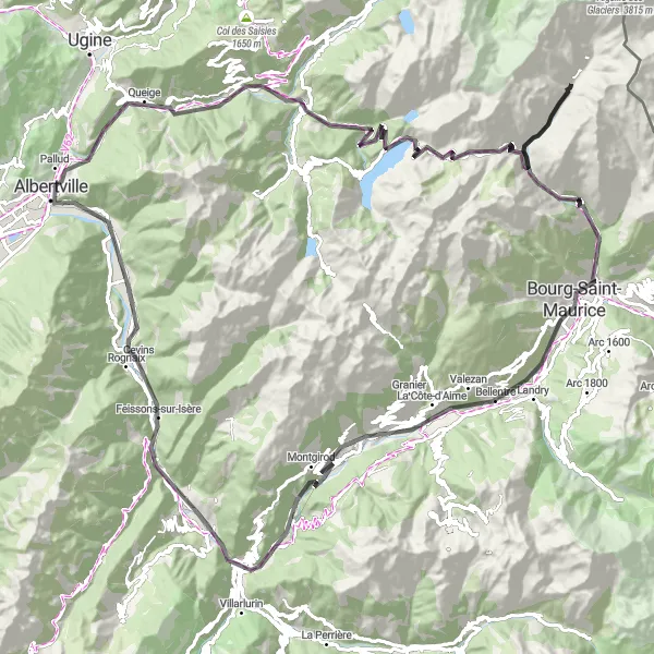 Karten-Miniaturansicht der Radinspiration "Herausfordernde Bergtour durch Roselend und Méraillet" in Rhône-Alpes, France. Erstellt vom Tarmacs.app-Routenplaner für Radtouren