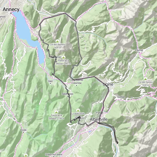 Miniatura della mappa di ispirazione al ciclismo "Sfida su due ruote verso Albertville" nella regione di Rhône-Alpes, France. Generata da Tarmacs.app, pianificatore di rotte ciclistiche