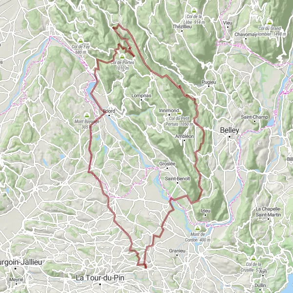 Map miniature of "The Hilly Gravel Adventure" cycling inspiration in Rhône-Alpes, France. Generated by Tarmacs.app cycling route planner