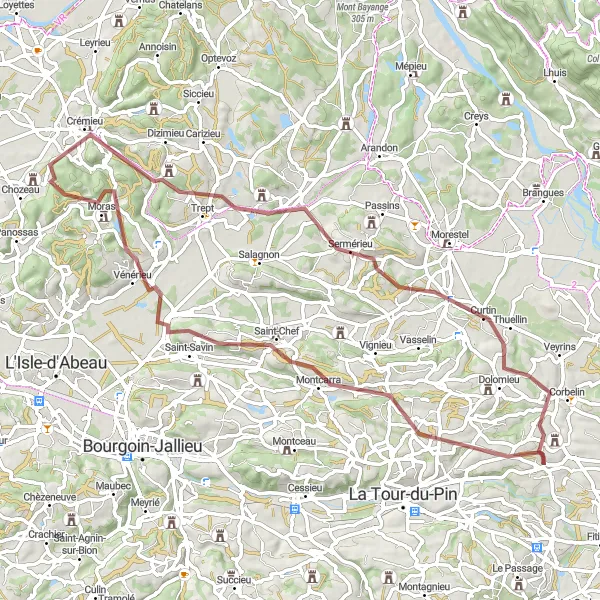 Miniatuurkaart van de fietsinspiratie "Gravelroute naar La Chapelle-de-la-Tour" in Rhône-Alpes, France. Gemaakt door de Tarmacs.app fietsrouteplanner