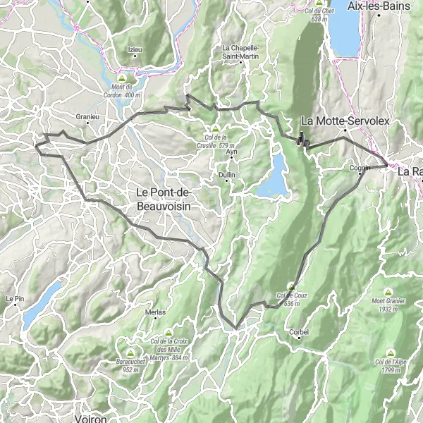 Miniatua del mapa de inspiración ciclista "Desafío de Montañas y Naturaleza" en Rhône-Alpes, France. Generado por Tarmacs.app planificador de rutas ciclistas