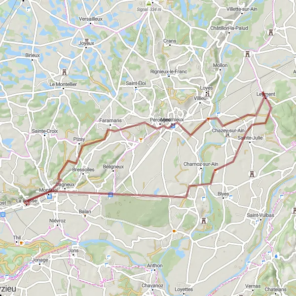 Miniatura della mappa di ispirazione al ciclismo "Giro gravel da Pizay a Dagneux" nella regione di Rhône-Alpes, France. Generata da Tarmacs.app, pianificatore di rotte ciclistiche