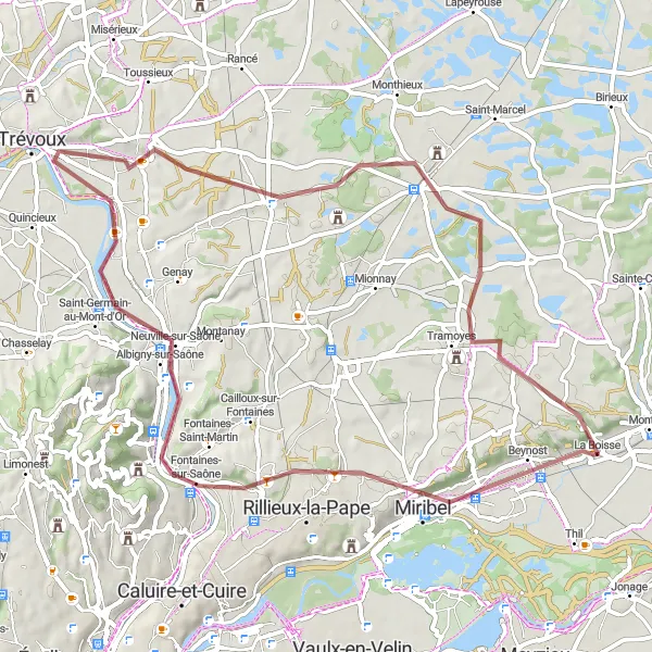 Miniatura della mappa di ispirazione al ciclismo "Percorso gravel da Beynost al petit Casset" nella regione di Rhône-Alpes, France. Generata da Tarmacs.app, pianificatore di rotte ciclistiche