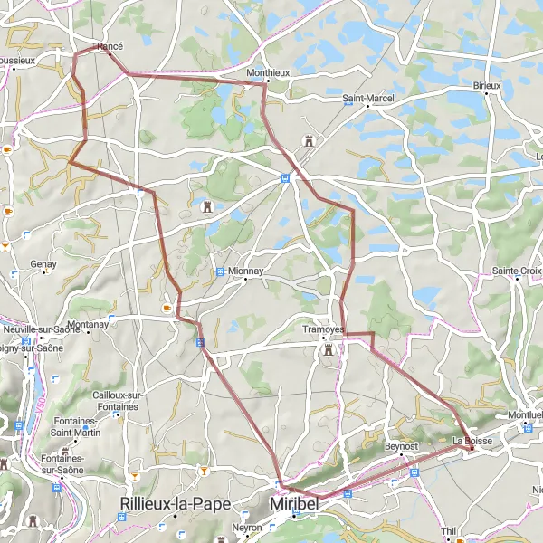 Miniatua del mapa de inspiración ciclista "Explorando Localidades en Gravel" en Rhône-Alpes, France. Generado por Tarmacs.app planificador de rutas ciclistas